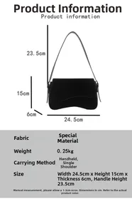 Detailed size chart of a black minimalist shoulder bag with 24.5cm width and 0.25kg weight