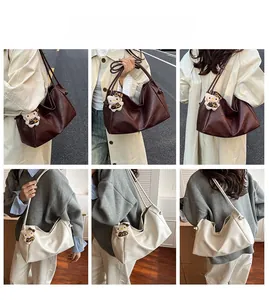 Collage of large capacity vintage tote bags in dark brown and beige with cat charm