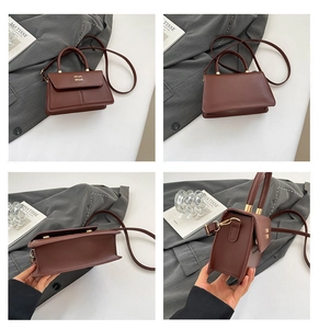 Detail view of the brown leather mini bag showing front, back, bottom and side profiles
