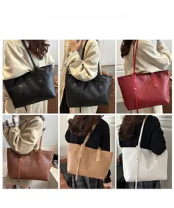 Multiple views of large woven tote bags in five classic colors on a shoulder model