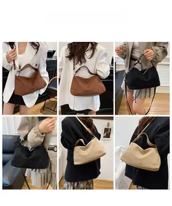 Collage of model carrying vintage faux suede tote bag in brown, black, and beige colors