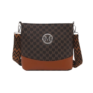 Brown monogram bucket bag with caramel leather trim and jacquard shoulder strap