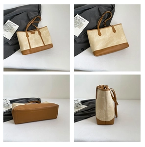 Multi-angle views of large capacity colorblock tote bag in cream white and brown leather