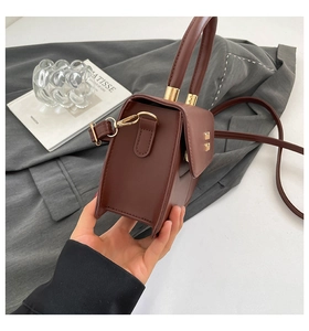 Detail of dark brown leather handbag with gold metal clasp and detachable shoulder strap