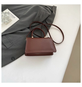 Detailed view of deep brown leather crossbody bag with top handle and gold hardware