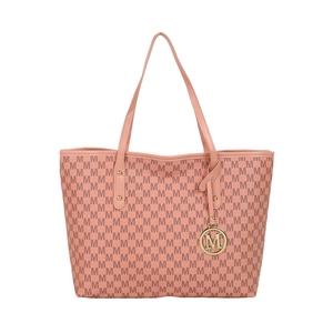 Pink monogram tote bag with gold M pendant, spacious faux leather shoulder bag for women