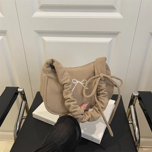 French style khaki corduroy handbag with bow embroidery and ruffled cloud handle