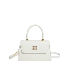 Elegant white leather crossbody handbag with gold logo and top handle on white background