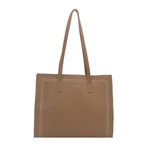 Sac cabas marron en cuir avec lettrage doré et coutures décoratives pour femmes