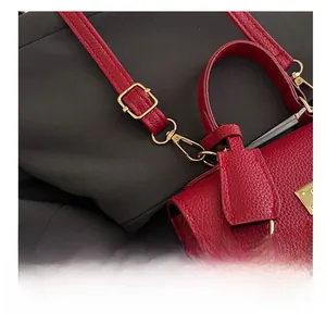 Detail of adjustable metal buckle on red leather and canvas shoulder bag strap