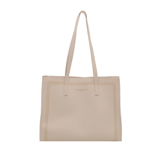 Minimalist beige tote bag in lychee pattern leather with fashion gold logo and slim straps