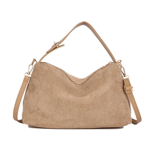 Khaki faux suede tote bag with adjustable crossbody strap and golden zipper hardware
