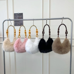 Women Faux Rabbit Fur Hobo Bag Beaded Handle Crescent Underarm Shoulder Handbag Fashion Plush Autumn Winter