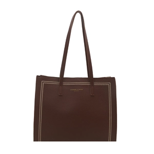 Borsa tote vintage marrone scuro con borchie dorate e pelle sintetica testurizzata