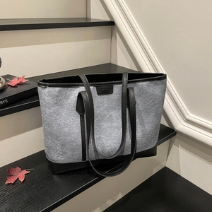 Large capacity grey felt tote bag with black leather trim and handles for women