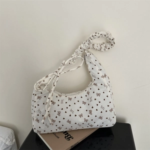Sac Cabas en Velours Côtelé Style Coréen pour Femmes Imprimé Nœud Cœur Sac à Épaule Avec Poignée Froncée Sac à Main Shopping Décontracté