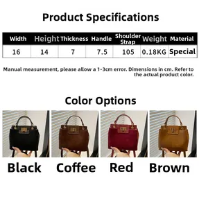 Size chart showing large capacity handbag dimensions 16x14x7cm and color selection