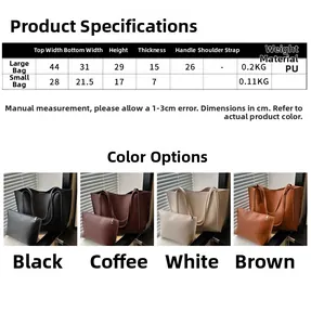 Detailed size chart for retro PU leather tote bags with interior pouch dimensions
