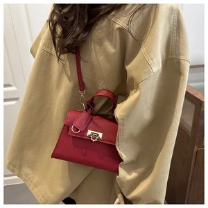 Detailed view of red lychee pattern leather handbag with gold metal clasp on a model