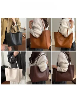 Collage of large minimalist tote bags in various colors showing casual shoulder carry style