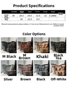 Size chart for high-capacity tote bag and pouch set showing detailed dimensions