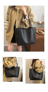 Vertical collage showing a large black matte leather tote bag from various angles on a model