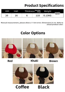 Size guide for crescent crossbody bag with dimensions 20x16x6cm and five color options