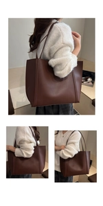 Three-way view of a large brown vintage tote bag worn by a model in a casual outfit