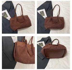 Vues détaillées d'un grand sac cabas marron foncé en daim et cuir lisse à anses