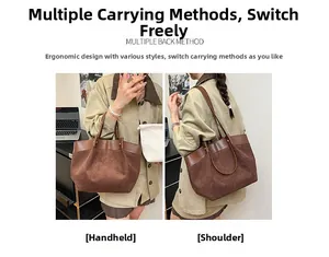 Grand sac cabas en daim marron avec anses en cuir pour porté main ou à l'épaule