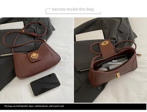 Detail view of brown PU shoulder bag showing spacious interior for phone and cosmetics