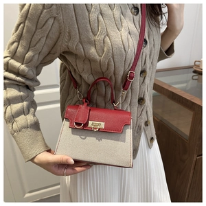 Detail of red and cream contrast mini bag showing woven texture and gold metal buckle