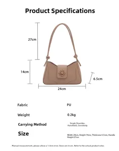 Khaki PU shoulder bag details with 24x14x6.5cm size and metal petal buckle feature