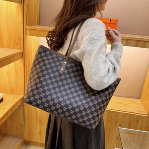 French style brown monogram tote bag with large capacity and elegant leather texture