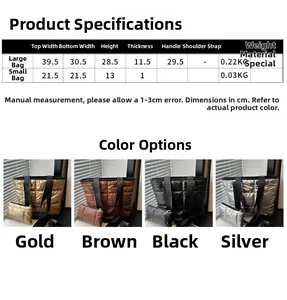Größentabelle für gesteppte Tragetasche und Beutel in Gold, Braun, Schwarz und Silber