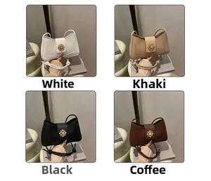 Collage of chic faux leather shoulder bags in white, khaki, black and brown colors