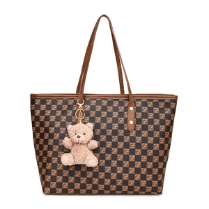 French vintage checkerboard tote bag with monogram pattern and cute bear pendant