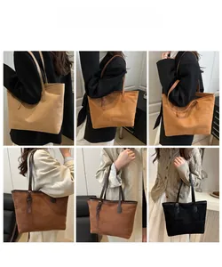 Collage of multi-color suede tote bags showing different wearing styles and large capacity