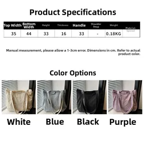 Size guide for large nylon tote bag showing dimensions and four available colors