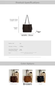 Size chart showing dimensions and colors for a large PU leather tote shoulder bag