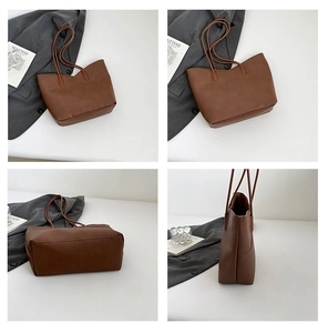 Detailed views of brown pebble leather tote bag showing large capacity and stitching