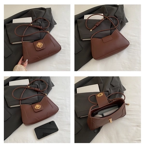 Detailed views of dark brown underarm bag showing interior space and gold petal clasp