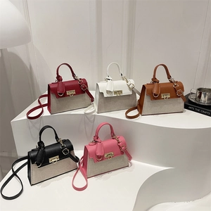 Women Elegant Patchwork Handbag PU Leather Canvas Crossbody Bag Golden Lock Single Handle Trendy Fashion