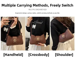 Brown tote bag with golden flower buckle shown in handheld, crossbody and shoulder styles