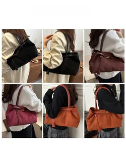 Collage of model carrying various colors of large faux suede tote bags for daily use
