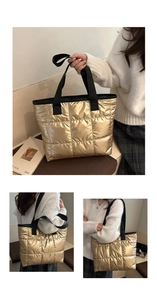 Detailed views of the golden quilted puffer tote bag featuring black woven handles