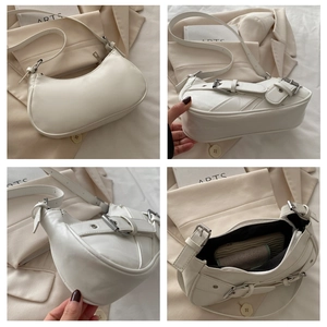Detailed four-angle view of white crescent hobo bag with silver buckle straps and zippers