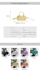 Detailed size chart and multi-color options for this PVC crossbody bag with measurements