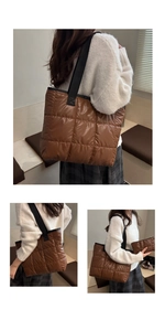 Brown quilted puffer tote bag with matching pouch showing detailed stitching and nylon straps