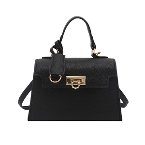 Classic black lychee-textured faux leather handbag with elegant gold twist-lock and top handle